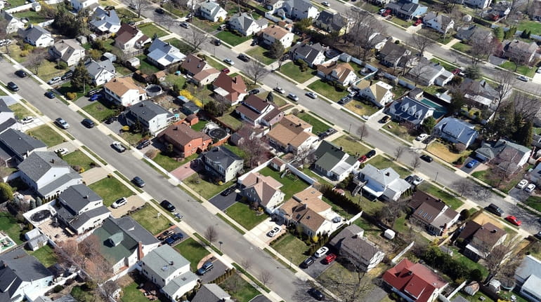 Aerial views of suburbs in Levittown taken April 18, 2015.