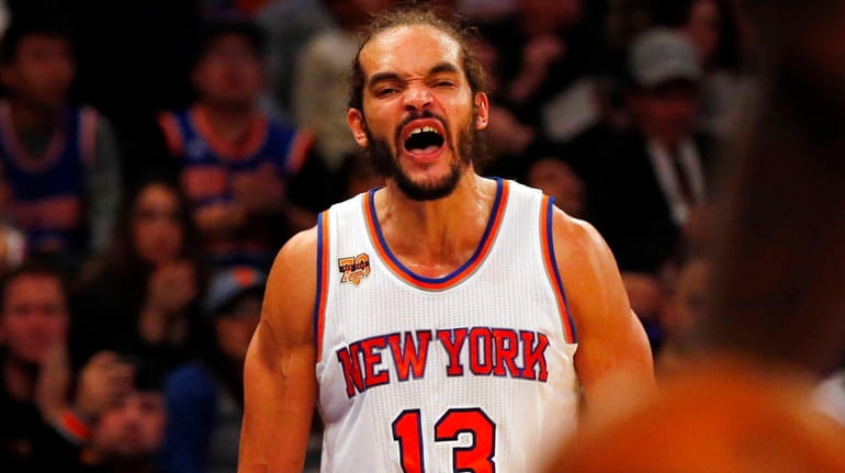 Joakim Noah of the New York Knicks reacts during the...