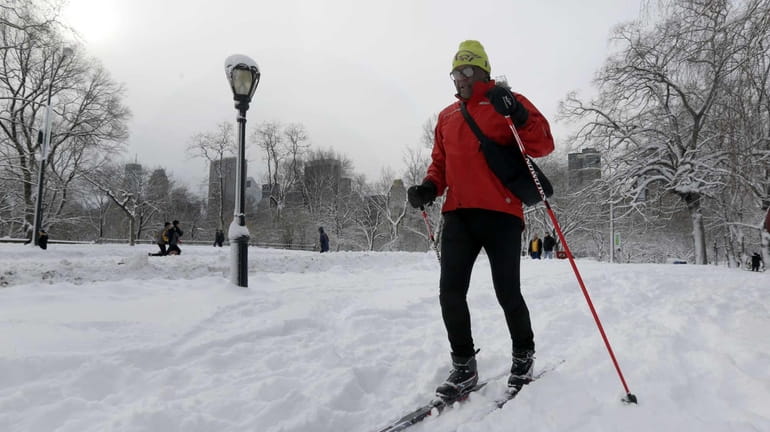 Fred Graham cross country skis in New York's Central Park....