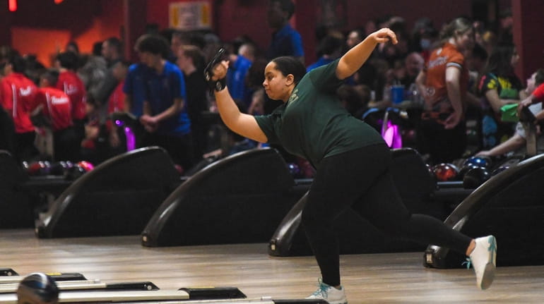 Longwood's Mikayla James bowls during the 2022 NYSPHSAA Bowling Championships...