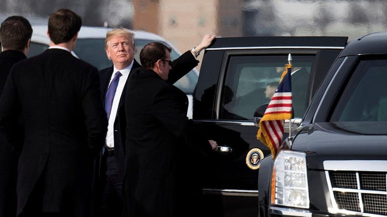 President Donald Trump is seen in Cincinnati on Monday, Feb....