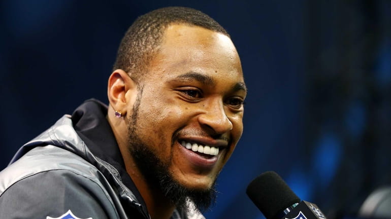 Wide receiver Percy Harvin of the Seattle Seahawks speaks to...