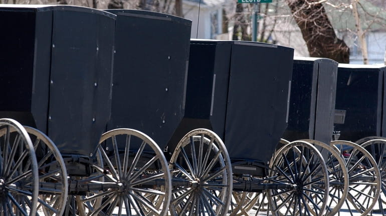 This April 10, 2002 photo shows Amish buggies of the...