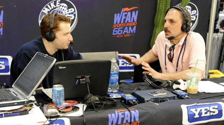 WFAN's Joe Benigno, right, and Evan Roberts on the air...