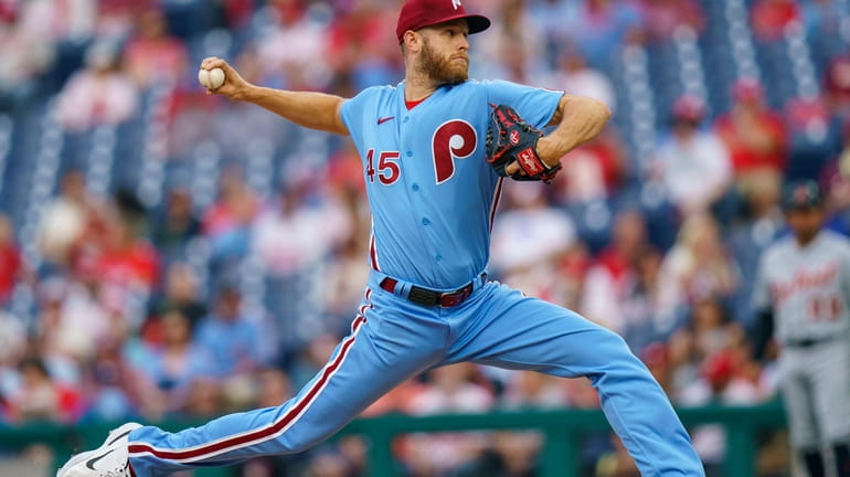 Philadelphia Phillies starting pitcher Zack Wheeler delivers during the third...