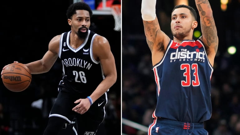 Spencer Dinwiddie of the Nets, left, and Kyle Kuzma of...
