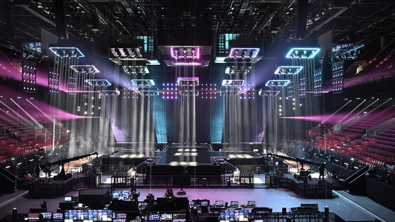 The completed Eurovision stage at Malmo Arena is shown at...